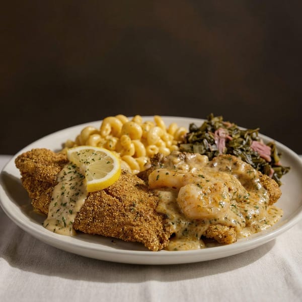 Fried fish and shrimp with creamy sauce, macaroni and cheese, and collard greens on a white plate.