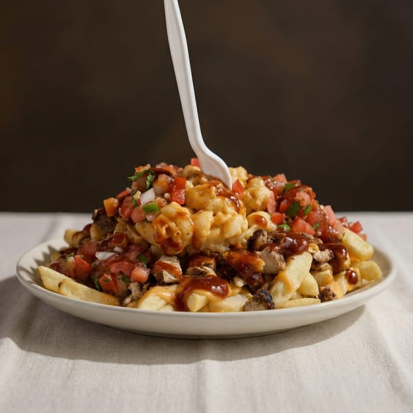 A white fork in a plate of fries topped with chicken, mac and cheese, and salsa.