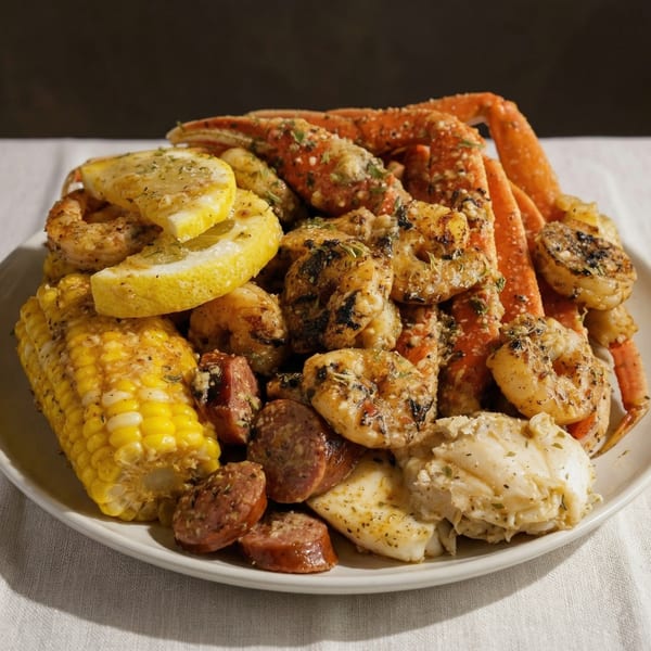 A seafood boil with crab legs, shrimp, corn on the cob, sausage, and lemon slices.