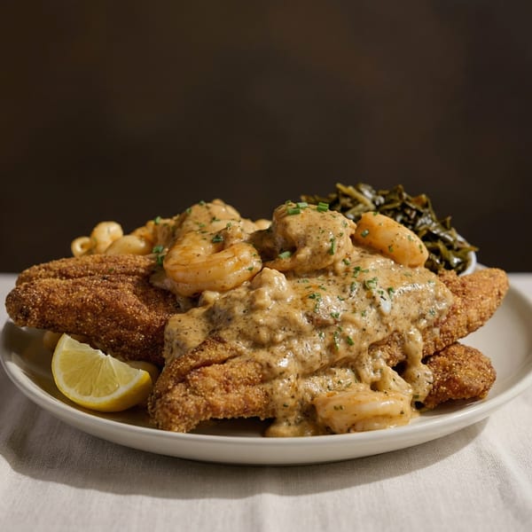 Fried catfish and shrimp with creamy sauce, a lemon wedge, and collard greens.