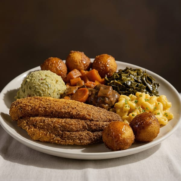 A plate of fried fish, mac and cheese, collard greens, mashed potatoes, candied yams, and hushpuppies.