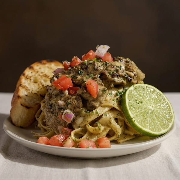 Creamy pasta with chicken, diced tomatoes, red onions, a lime slice, and grilled bread.