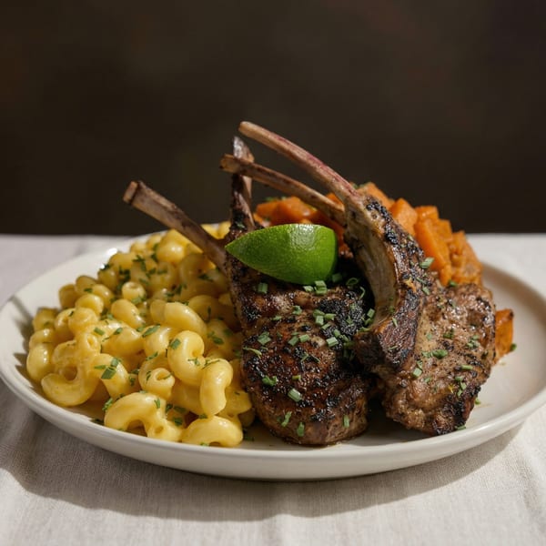 Grilled lamb chops with a lime wedge, mac and cheese, and sweet potatoes on a white plate.