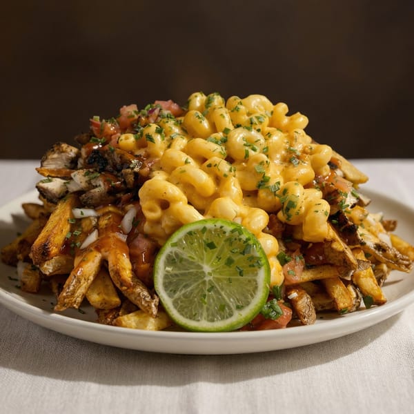 Loaded fries topped with mac and cheese, chicken, salsa, and a lime slice on a white plate.