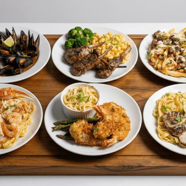 Six diverse plates of food, including mussels, lamb chops, pasta, and fried shrimp, on a wooden board.
